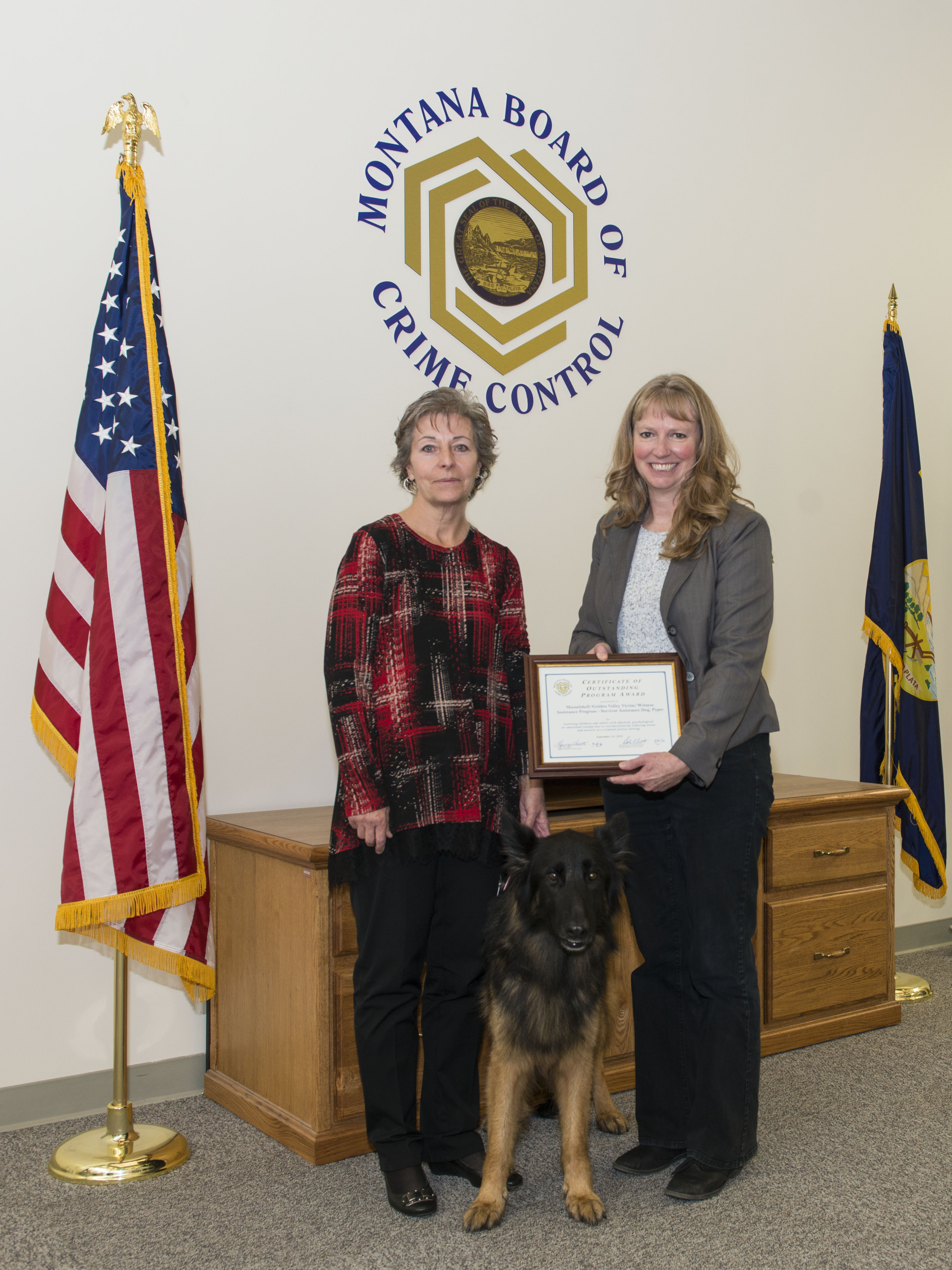 Tami Allen, Musselshell Golden Valley Victim/Witness Advocate; Pyper, Facility Dog; Laura Obert, MBCC Board Chair